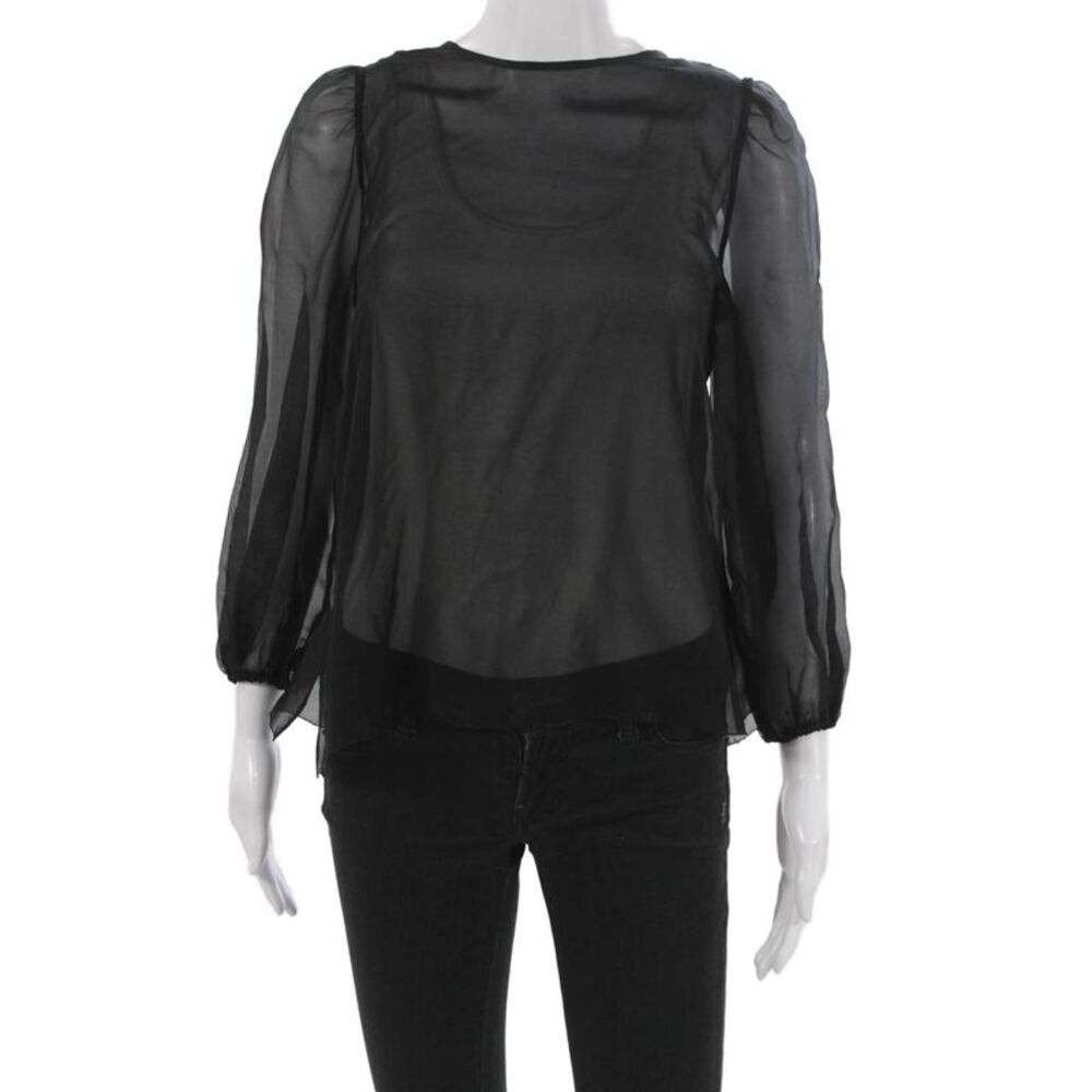 Cami Women Black 100% Silk Round Neck Long Sleeve Button Blouse Size XS